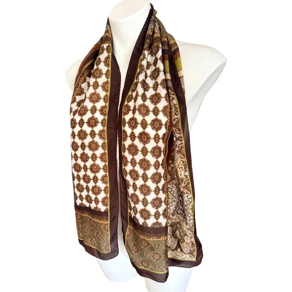 Vintage 70s Oscar de la Renta Silk Scarf Brown Olive Paisley 11x54 Oblong
